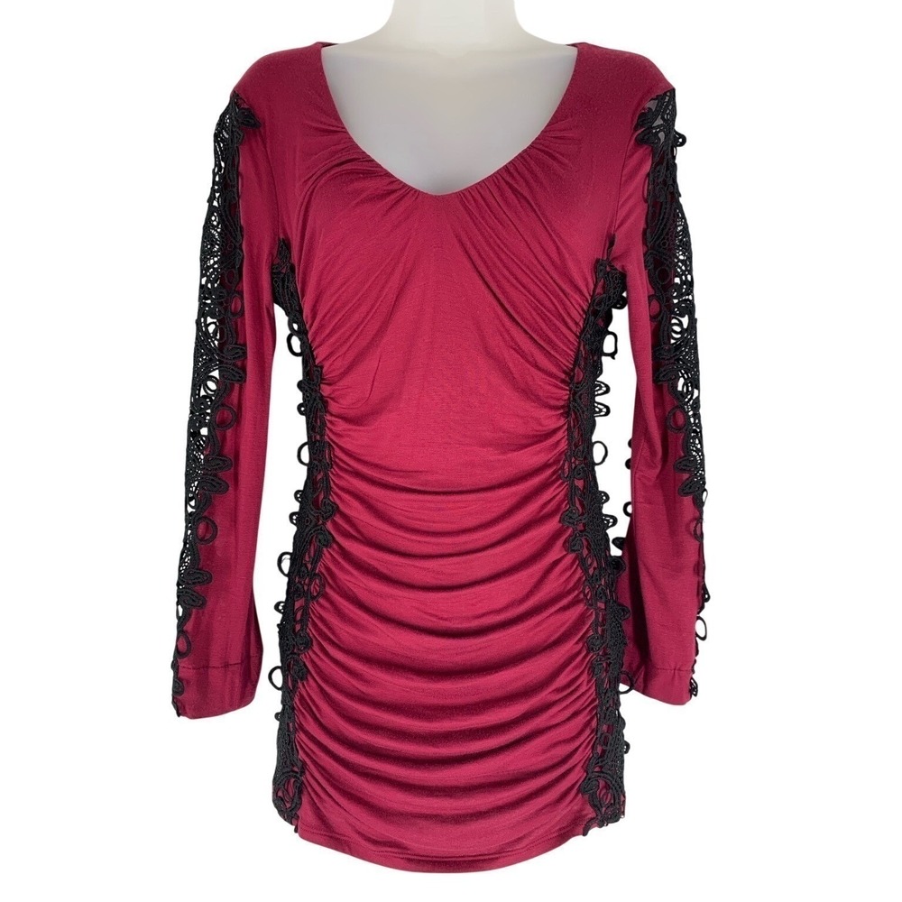 VENUS Red Ruched Lace Trim Long Sleeve Top XS Black Crochet Detail